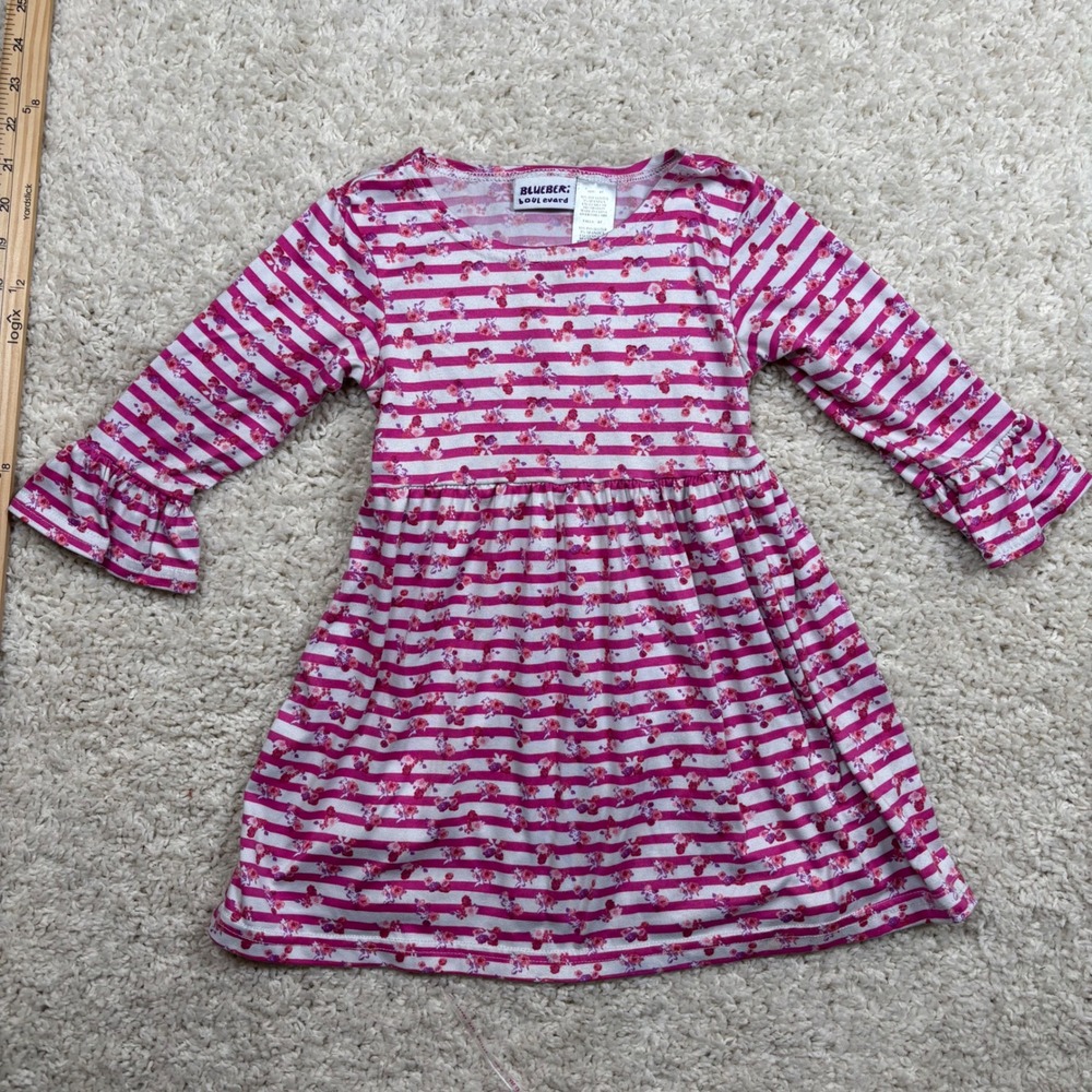 Blueberry Boulevard Girls Pink Stripe Floral‎ Print Ruffle Sleeve Dress Size 4T